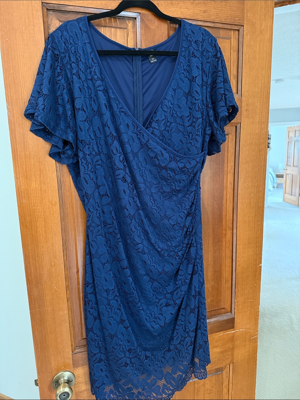 SHEIN Navy Blue Floral Lace Wrap Midi Dress